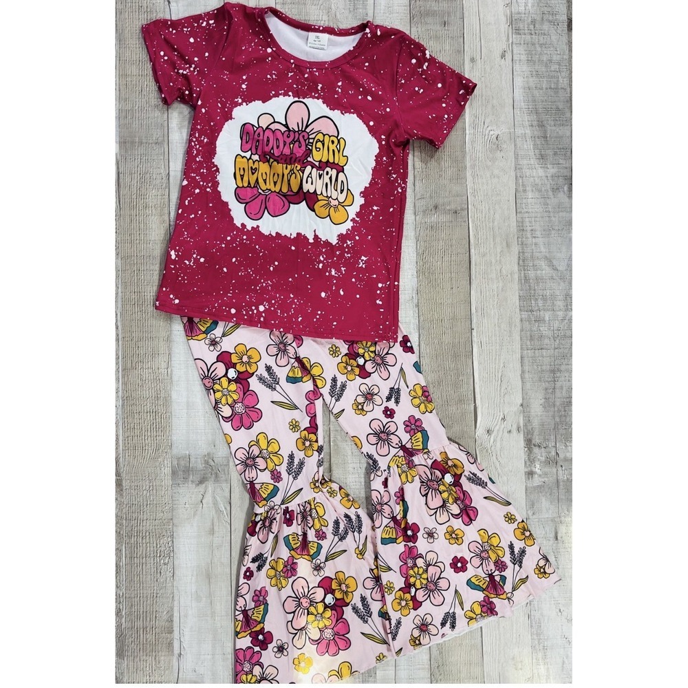 Girls Boutique 2 Piece Outfit Set Size 7/8 Pink Floral Bell Bottom Pants Soft